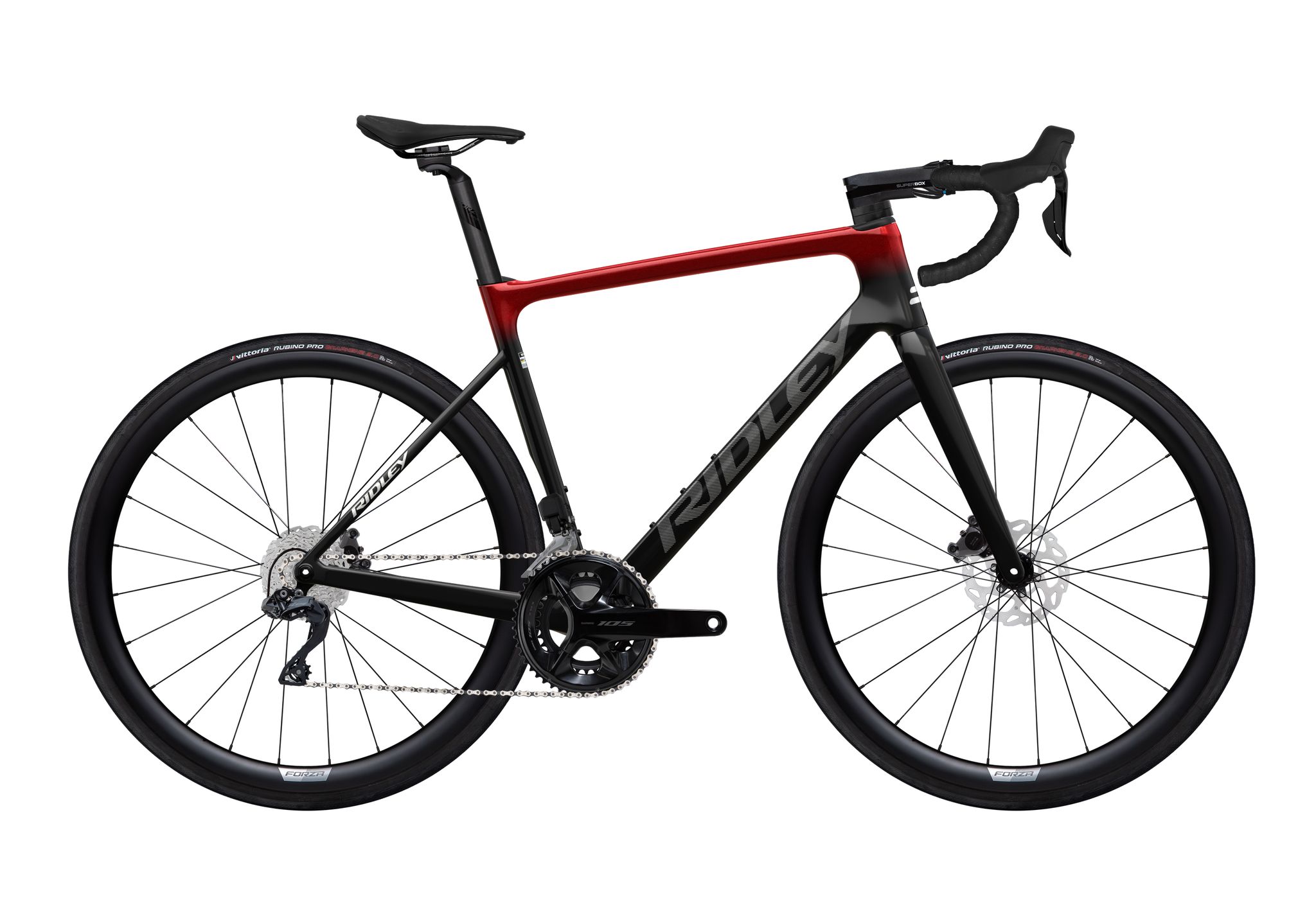 Ridley FALCN Shimano 105 Di2, UD Carbon + Candy Red Metallic + Silver
